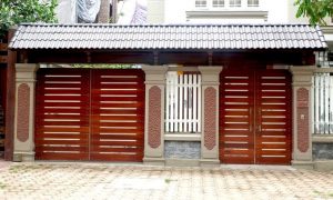 Mẫu thi công cổng sắt hộp giả gỗ