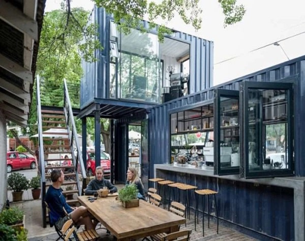 Quán cafe container với tông màu trắng xanh dương